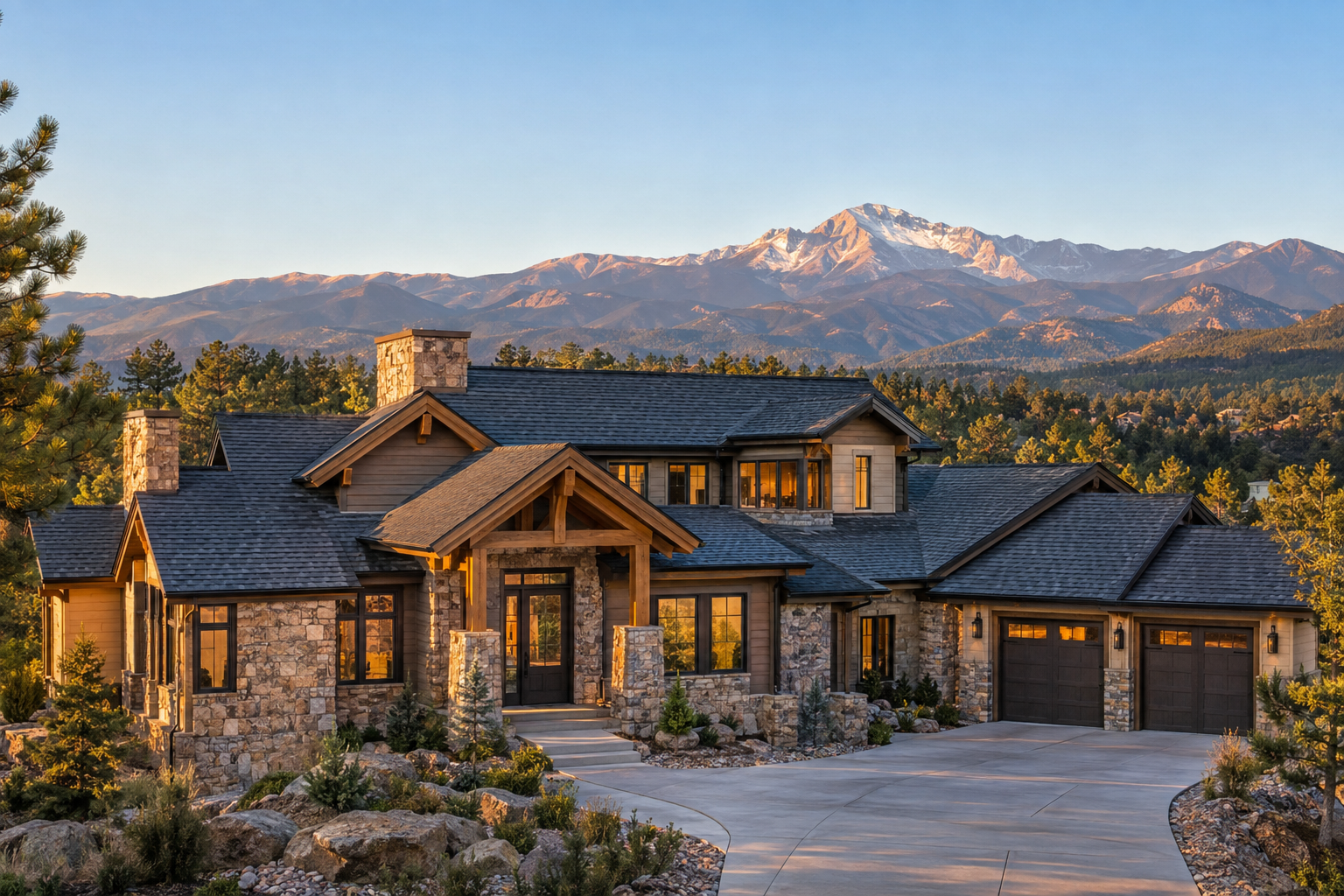 Mountain home with a new architectural shingle roof set against the Colorado Rockies